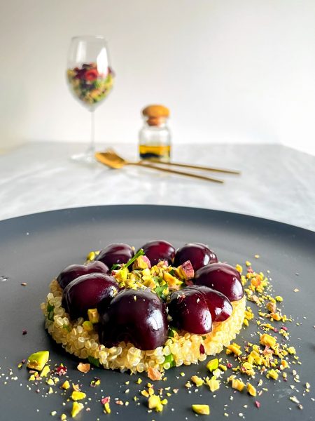 easy quinoa salad with cherries and pistachios
