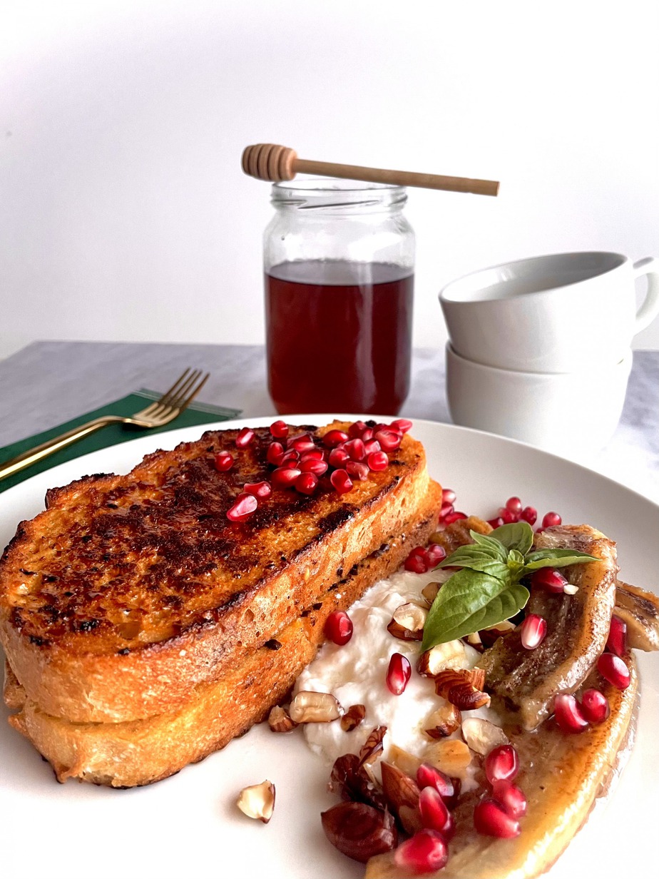 sourdough french toast with pomegranate seeds
